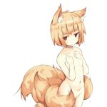  animal_ears blonde_hair bob_cut brown_eyes covering covering_breasts flat_chest fox_ears fox_tail looking_at_viewer md5_mismatch multiple_tails navel nude orange_hair original red_eyes short_hair shuukichi_(ihuku) simple_background solo standing tail white_background 