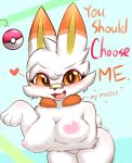  &lt;3 2019 absurd_res amber_eyes anthro bandage blush breast_rest breasts butt english_text female fur hi_res lagomorph looking_at_viewer mammal milkteafox nintendo nipples nude open_mouth orange_fur pok&eacute;ball pok&eacute;mon pok&eacute;mon_(species) pussy scorbunny solo text video_games white_fur 