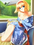  alice_margatroid bare_legs bare_shoulders blonde_hair blue_eyes breasts cleavage couch hairband hinohoshi_ataru japanese_clothes kimono large_breasts off_shoulder short_hair solo touhou undressing 