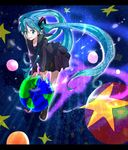  bad_id bad_pixiv_id earth floating_hair green_eyes green_hair hatsune_miku long_hair planet riru school_uniform solo space star twintails very_long_hair vocaloid 