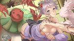  bent_over breasts cleavage earrings hair_ornament japanese_clothes jewelry kimono large_breasts no_panties original outstretched_arm purple_eyes reaching sarashi short_hair silver_hair silver_rain smile smoke solo tattoo thighhighs ume_(driveume) 