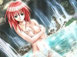 1girl 800x600 breasts cg_request character_request copyright_request covering covering_breasts crossed_arms dutch_angle frown game_cg green_eyes jpeg_artifacts mound_of_venus navel nude nude_cover red_hair solo source_request standing water waterfall 