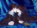  brown_hair furayu_(flayu) glasses green_eyes harry_james_potter harry_potter holding_hands imminent_kiss male_focus multiple_boys nirvana_(band) school_uniform short_hair tom_marvolo_riddle yaoi 