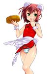  apron bad_id bad_pixiv_id baka_to_test_to_shoukanjuu bamboo_steamer baozi brown_hair bulge bun_cover china_dress chinese_clothes double_bun dress food green_eyes guri_(bluedrop) highres kinoshita_hideyoshi male_focus otoko_no_ko panties solo striped striped_panties tray underwear 