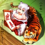  2010 animal_ears breasts calligraphy_brush cat_ears cleavage from_above green_eyes highres large_breasts mouth_hold new_year original paintbrush qblade scroll sitting solo tiger white_hair 