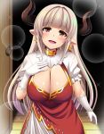  alicia_(granblue_fantasy) bangs blunt_bangs blush breasts center_opening cleavage cross cross_earrings dress earrings gloves granblue_fantasy highres horns jewelry large_breasts long_hair looking_at_viewer mirisha open_mouth red_eyes silver_hair smile white_gloves 