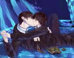  brown_hair furayu_(flayu) glasses green_eyes harry_james_potter harry_potter holding_hands kiss male_focus multiple_boys school_uniform short_hair tom_marvolo_riddle yaoi 