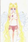  bishoujo_senshi_sailor_moon blonde_hair blue_eyes breasts commentary double_bun earrings jewelry lingerie medium_breasts nipples non-web_source official_art signature takeuchi_naoko topless tsukino_usagi twintails underwear wings 
