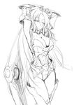  amei_sumeru armor armpits breasts cleavage copyright_request gauntlets gloves greyscale large_breasts long_hair monochrome one_eye_closed sketch solo 