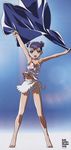  :d absurdres bare_shoulders barefoot blue_eyes earrings feet gotou_keiji highres jewelry keiji_gotoh's_wonder_land legs midriff navel open_mouth panties pantyshot polka_dot purple_hair short_hair skirt smile solo twintails underwear wind wind_lift 