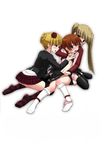  asmodeus beatrice blonde_hair blush brown_hair flower panties rose skirt thighhighs twintails umineko_no_naku_koro_ni underwear undressing ushiromiya_maria 