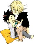  2boys barefoot black_hair black_shirt blonde_hair chibi denim dino dino_cavallone jeans katekyo_hitman_reborn! khr lowres male male_focus multiple_boys pants pillow plaid plaid_shirt shirt simple_background smile tattoo transparent_background white_background yamamoto_takeshi 