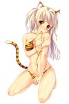  animal_ears barefoot bikini bikini_in_mouth blonde_hair blush breast_squeeze breasts covered_nipples highres kneeling large_breasts long_hair mouth_hold navel new_year original solo supertie swimsuit tail tiger_ears tiger_tail untied yellow_eyes 