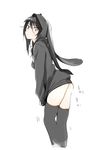  ass black_hair bottomless darth_wooser hood hoodie looking_back mebae no_panties original red_eyes solo thighhighs 