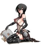  695_(mukuko) bad_id bad_pixiv_id bare_shoulders black_hair breasts chair copyright_request elbow_gloves gloves kneeling large_breasts personification see-through shiny shiny_skin sideboob simple_background solo thighhighs 