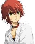  androgynous bad_id bad_pixiv_id collar male_focus messy_hair miurakoriki original red_hair scar simple_background solo yellow_eyes 