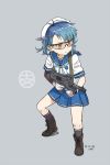  black_footwear blue_hair blue_neckwear blue_sailor_collar blue_skirt boots brown_eyes cross-laced_footwear fukae_(kantai_collection) full_body grey_background gun hat kantai_collection kawashina_(momen_silicon) lace-up_boots minebea_pm-9 pose safety_glasses sailor_collar sailor_hat school_uniform serafuku short_hair simple_background skirt solo weapon white_hat 