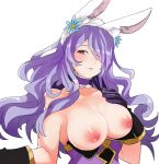 animal_ears bare_shoulders breasts breasts_outside bunny_ears bunny_girl bunnysuit camilla_(fire_emblem) choker collarbone commentary_request fake_animal_ears fire_emblem fire_emblem_fates fire_emblem_heroes gloves hair_over_one_eye hand_up headband large_breasts long_hair nipples purple_eyes purple_gloves purple_hair rem_sora410 shiny shiny_hair shiny_skin upper_body wavy_hair 