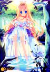  arietta_(lyrical_lyric) barefoot blonde_hair blue_eyes blush chikotam crown dress dress_lift flat_chest highres long_hair lyrical_lyric nipples panties panty_pull solo strap_slip underwear wading water wet white_panties 