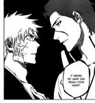  aizen_sousuke bleach comic greyscale hard_translated kubo_taito kurosaki_ichigo male_focus monochrome multiple_boys scan translated warped_context yaoi 