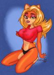  2019 abdomen anthro bandicoot bedroom_eyes big_breasts black_nose black_thong blonde_hair breasts clothed clothing clothing_lift colored_nails crash_bandicoot_(series) eyelashes eyeshadow female fingernails fur green_eyes hair half-closed_eyes hi_res its-zaboom kneeling lip_gloss long_hair looking_at_viewer makeup mammal marsupial navel nipples open_mouth orange_fur pink_shirt seductive shirt simple_background solo suggestive tawna_bandicoot thong tongue video_games wavy_hair 