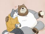  2023 anthro bear belly big_belly black_nose blush bottomwear brown_body canid canine canis clothing domestic_dog duo embrace grey_body hi_res hoodie hug kemono male male/male mammal overweight overweight_male pants pommn_mn shirt sitting topwear white_body 