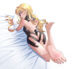  1girl absurdres ass bare_shoulders barefoot blonde_hair blush bodysuit english_commentary eyepatch feet full_body green_eyes hair_over_one_eye highres long_hair looking_at_viewer lying on_stomach othinus pillow shoulder_blades smile soles solo the_pose toaru_majutsu_no_index toaru_majutsu_no_index:_new_testament toes trebas very_long_hair 