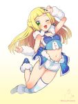  1girl ;d arm_up arm_warmers bangs blonde_hair blush boots braid clenched_hand commentary_request cosplay eyelashes full_body gradient_background green_eyes highres kinocopro leg_up lillie_(pokemon) lisia_(pokemon) lisia_(pokemon)_(cosplay) long_hair navel one_eye_closed open_mouth pokemon pokemon_(game) pokemon_oras pokemon_sm short_shorts shorts single_thighhigh smile solo striped striped_thighhighs thighhighs twitter_username w watermark white_shorts 