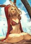  1girl animal_ears arms_up avatar_(ff14) barefoot beach bikini blonde_hair blue_eyes breasts day dutch_angle final_fantasy final_fantasy_xiv hide_(hideout) highres jacket kneeling long_hair looking_at_viewer medium_breasts open_clothes open_jacket outdoors palm_tree parted_lips rabbit_ears red_bikini red_jacket red_lips silhouette solo_focus stretching swimsuit tree viera 