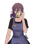  1girl alternate_costume apron black_choker black_shirt blue_apron breasts chainsaw_man choker commentary covered_mouth cup drink green_eyes hair_between_eyes highres holding holding_cup jewelry looking_to_the_side medium_breasts null_(skev7724) purple_hair reze_(chainsaw_man) ring shirt short_hair short_sleeves simple_background solo t-shirt twitter_username upper_body white_background 