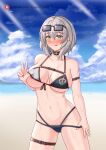  1girl :p absurdres areola_slip azurecruiser bare_shoulders beach belt bikini bikini_pull bikini_top_lift black_choker blue_bikini blush breasts brown_belt choker cleavage clothes_lift clothes_pull collarbone day eyewear_on_head front-tie_bikini_top front-tie_top green_eyes grey_hair highres hololive large_breasts leather_belt lifted_by_self looking_at_viewer navel ocean pulled_by_self shirogane_noel short_hair smile solo strap_pull swimsuit thigh_strap tongue tongue_out v virtual_youtuber wet 