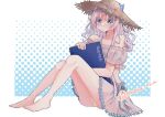  1girl absurdres amema_ama bare_legs bare_shoulders barefoot bikini bikini_skirt blue_eyes character_request copyright_request full_body grey_hair hat highres knees_up long_hair shell_hair_ornament sitting sketchbook solo straw_hat swimsuit 