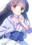  1girl aoki_reika blue_eyes blue_hair blue_jacket commentary_request dress hair_ornament hairclip hime_cut jacket long_hair osarutukamaeru parted_lips precure ribbon-trimmed_dress smile_precure! solo white_dress 
