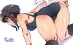  1girl all_fours animal_ears ass black_thighhighs blue_one-piece_swimsuit blush breasts brown_eyes brown_hair cameltoe character_request copyright_request em_(totsuzen_no_hakike) glasses looking_at_viewer one-piece_swimsuit short_hair simple_background small_breasts solo swimsuit tail thighhighs white_background 