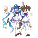  2girls ^_^ ahoge animal_ears arm_up bag bangs blue_hair blush_stickers bow bowtie brown_footwear brown_hair closed_eyes crossed_bangs didi_(whaqlrpwjd) fang fox_mask holding holding_bag horse_ears horse_girl horse_tail inari_one_(umamusume) index_finger_raised long_hair mask mask_on_head multiple_girls onsen_symbol open_mouth outstretched_arms purple_shirt sailor_collar school_uniform shirt shoes short_hair short_sleeves simple_background skirt smile tail tracen_school_uniform twin_turbo_(umamusume) twintails umamusume very_long_hair walking white_background white_skirt 