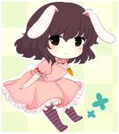  1girl animal_ears bangs black_eyes blush bow brown_hair brown_pantyhose carrot_necklace chibi closed_mouth commentary_request dress frills full_body hair_between_eyes highres inaba_tewi jewelry looking_away necklace no_shoes pantyhose pink_dress puffy_short_sleeves puffy_sleeves purple_pantyhose rabbit_ears rabbit_tail red_bow rei_(tonbo0430) short_hair short_sleeves smile solo standing striped striped_pantyhose tail touhou 