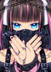  1girl ano_hito bangs belt black_hair blue_eyes bob_cut chain club_(shape) commentary_request diamond_(shape) gas_mask grey_nails hair_ribbon heart jewelry mask multicolored_hair nail_polish off-shoulder_shirt off_shoulder original pink_hair pink_nails portrait ribbon ring shirt sleeves_past_wrists solo spade_(shape) streaked_hair striped_sleeves two-tone_hair 