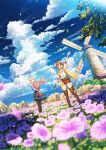  2girls absurdres atelier_(series) atelier_ryza atelier_ryza_3 blue_sky boots bouquet brown_hair cloud field flower flower_field gloves highres klaudia_valentz multiple_girls official_art open_mouth red_shorts reisalin_stout scenery second-party_source short_shorts shorts shuu_illust single_glove sky smile standing thigh_boots waving windmill 