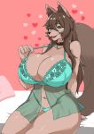  anthro bed big_breasts blue_clothing bra breasts canid canine canis clothing female furniture hair happy hi_res long_hair looking_at_viewer mammal navel panties sara_(athom) smile solo strap_pull translucent translucent_clothing underwear wolf wozzu1 