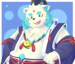  2023 agyou anthro asian_mythology bari_mu belly big_belly clothed clothing cute_fangs east_asian_mythology foo_dog hat headgear headwear hi_res japanese_mythology kemono komainu lifewonders male mammal mythology overweight overweight_male solo tokyo_afterschool_summoners white_body yokai young 