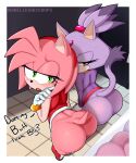  amy_rose anthro big_butt blaze_the_cat blush bottomless butt clothed clothing delicioussoup domestic_cat duo eulipotyphlan felid feline felis female hedgehog hi_res mammal presenting presenting_hindquarters sega sonic_the_hedgehog_(series) 
