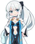  1girl 1other =3 absurdly_long_hair black_bow black_dress blue_choker blue_eyes bow braid breasts chibi choker closed_mouth clothing_cutout detached_sleeves doyagao dress fate/grand_order fate_(series) french_braid grey_hair hair_bow half_updo hands_on_hips long_hair looking_at_viewer medium_breasts morgan_le_fay_(fate) navel_cutout ponytail rabiiandrain side_braid simple_background smug solo very_long_hair white_background 