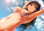  1girl ano_hito armpits arms_up black_hair blue_sky breasts brown_eyes cloud commentary_request completely_nude from_below lens_flare long_hair looking_at_viewer medium_breasts nipples nude original sky smile solo sun tan tanlines undressing 