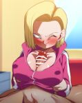  1boy 1girl android_18 bar_censor blonde_hair blue_eyes blush breasts censored closed_mouth clothed_female clothed_female_nude_male covered_nipples dragon_ball dragon_ball_super earrings erection indoors jacket jewelry large_breasts looking_at_penis naughty_face nude one_eye_closed paizuri paizuri_under_clothes penis pink_jacket rom_(20) short_hair smile solo_focus track_jacket window 