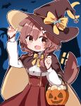  1girl animal_ears bangs bone_hair_ornament bow bowtie braid brown_cape brown_eyes brown_hair brown_headwear cape center_frills chibi commentary cowboy_shot dog_ears dog_girl dog_tail extra_ears fangs frilled_shirt frills hair_between_eyes hair_ornament hairclip halloween hand_on_headwear hat hat_bow high-waist_skirt hololive inugami_korone jack-o&#039;-lantern long_hair long_sleeves looking_at_viewer low_twin_braids low_twintails official_alternate_costume rabiiandrain red_skirt shirt simple_background skin_fangs skirt solo tail twin_braids twintails virtual_youtuber white_background white_shirt witch_hat yellow_bow yellow_bowtie yubi_yubi_(inugami_korone) 