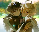  2boys aether_(genshin_impact) ahoge animal_ears bangs black_gloves black_hair black_shirt blliqw blonde_hair blunt_ends blurry blurry_background braid brown_shirt cat_ears closed_mouth commentary_request day elbow_gloves genshin_impact gloves gold_necklace grass grey_scarf grey_vest hair_between_eyes hand_on_another&#039;s_shoulder hand_up jewelry long_hair looking_at_viewer male_focus mandarin_collar multicolored_hair multiple_boys necklace no_headwear open_clothes open_vest outdoors purple_hair red_eyes scaramouche_(genshin_impact) scarf shirt short_hair short_sleeves sky sleeveless sleeveless_shirt teeth tongue tongue_out tree two-tone_hair upper_body vest wanderer_(genshin_impact) white_sky yaoi 