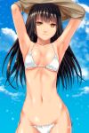  1girl ano_hito bangs bikini black_hair blue_sky breasts brown_eyes cloud commentary_request long_hair medium_breasts navel original side-tie_bikini_bottom sky smile solo sparkle swimsuit underboob undressing upper_body white_bikini 