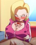  1boy 1girl android_18 bar_censor blonde_hair blue_eyes blush breasts censored clothed_female clothed_female_nude_male covered_nipples dragon_ball dragon_ball_super earrings erection indoors jacket jewelry large_breasts looking_at_penis naughty_face nude open_mouth paizuri paizuri_under_clothes penis pink_jacket rom_(20) short_hair smile solo_focus track_jacket window 