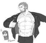  ! 2boys abs alternate_costume bara bare_pectorals beard chibi chibi_inset covering_mouth cropped_legs facial_hair fate/grand_order fate_(series) fenman greyscale iskandar_(fate) jacket large_pectorals looking_at_viewer lord_el-melloi_ii male_focus mature_male monochrome multiple_boys muscular muscular_male navel nipples open_clothes open_jacket pants pectorals scar scar_on_chest short_hair smug spoken_exclamation_mark stomach unzipped waver_velvet 