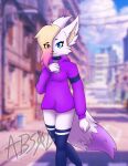  absoldraws anthro blonde_hair blue_eyes canid canine choker clothing crossed_legs dash domestic_cat felid feline felis female female/female fox fur hair hi_res hoodie hybrid jewelry legwear mammal necklace purple_clothing purple_fluff purple_hoodie purple_topwear smile solo thigh_highs topwear walking white_body white_fur 